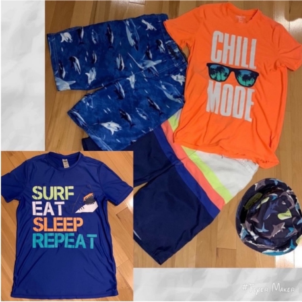 Boy’s Swim Bundle - 1 Rash Guard & 2 Swim Trunks - size 10/12, 1 Water Beach hat